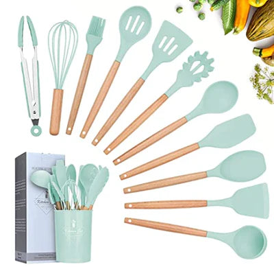 SET 12 UTENSILI DA CUCINA IN SILICONE E IN LEGNO