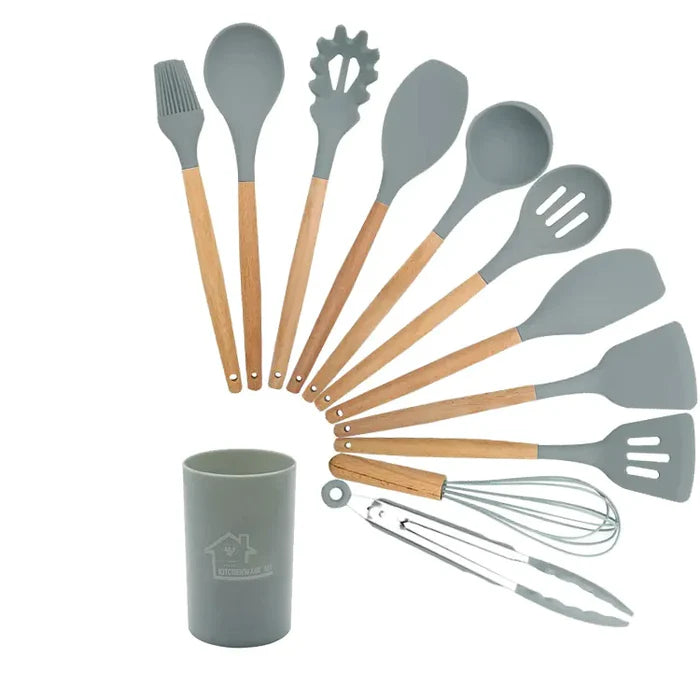 SET 12 UTENSILI DA CUCINA IN SILICONE E IN LEGNO