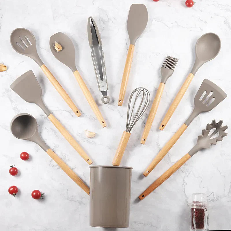 SET 12 UTENSILI DA CUCINA IN SILICONE E IN LEGNO