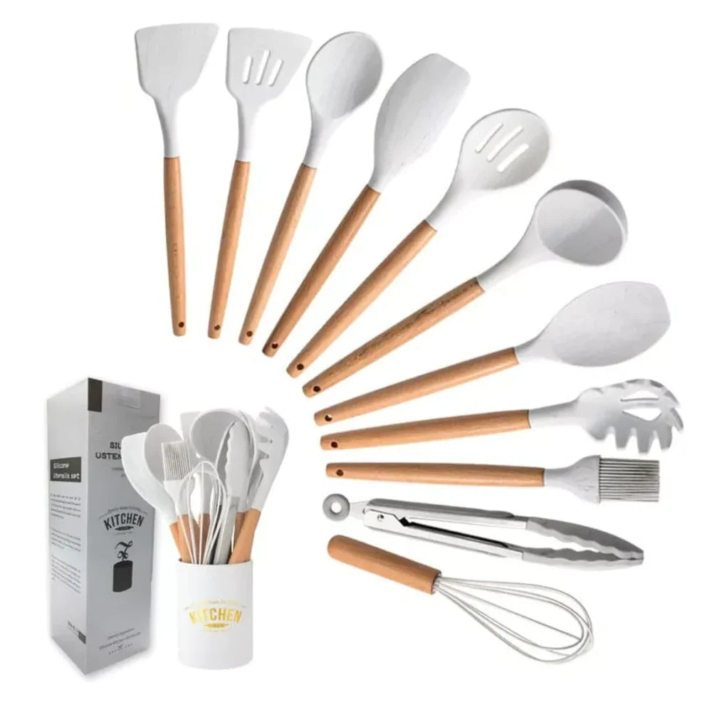 SET 12 UTENSILI DA CUCINA IN SILICONE E IN LEGNO