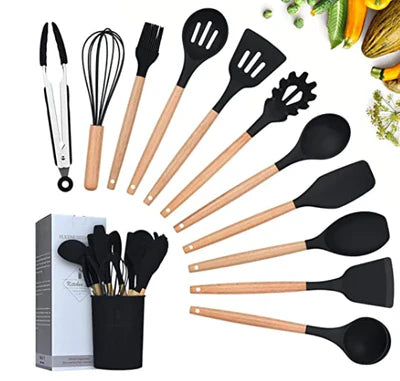 SET 12 UTENSILI DA CUCINA IN SILICONE E IN LEGNO